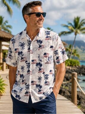 Men's White Tropical Print Short-Sleeve Button-Down Shirt